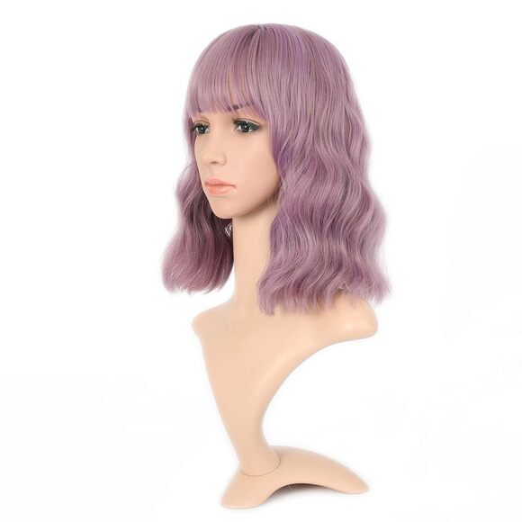 Women's Short Mix Purple Wigs Curly Wavy Shoulder Length Pastel Bob - Picture 2 of 3